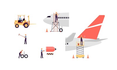 Repair and maintenance aircraft items set of flat vector illustrations isolated.