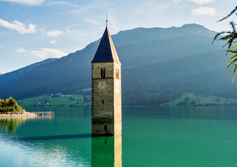 Church in the water at Lake Reschen in Tyrol in north Italy