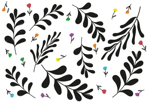  Leaves seamless with flowers pattern. Botanical illustration black and white. Floral pattern motifs of Petrikov's painting