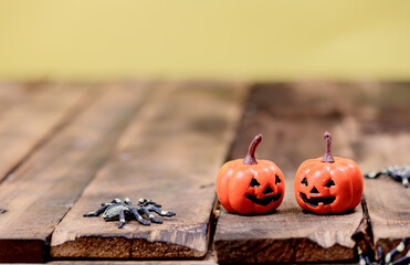 Halloween decoration. Trick or treat in autumn and fall season. Pumpkin face and scary symbol on...