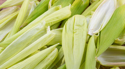 Full frame of corn leaves on a wooden table.