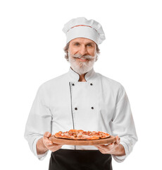 Mature male chef with tasty pizza on white background