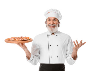 Mature male chef with tasty pizza on white background