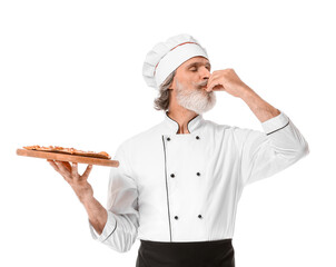 Mature male chef with tasty pizza on white background