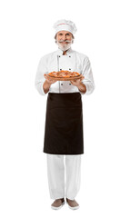 Mature male chef with tasty pizza on white background