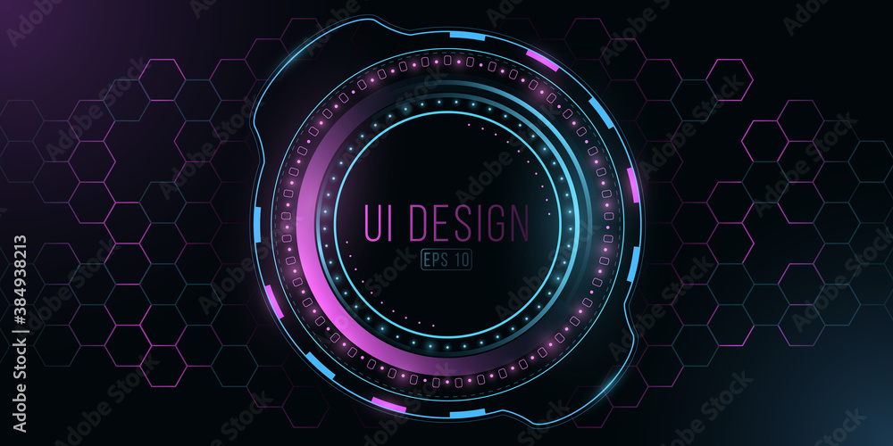 Poster futuristic ui design. glowing purple and blue hud display. digital concept user interface. high tech