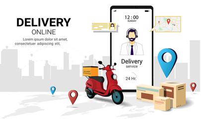 Fast delivery package by scooter on mobile phone. Online delivery service. Tracking. Smart Logistic