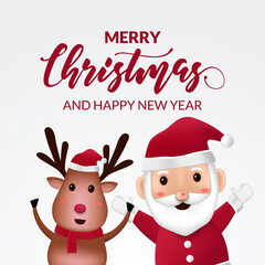 Fototapeta na wymiar 3d cute character reindeer and santa claus for merry christmas and happy new year