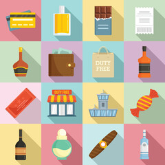 Duty free shop icons set. Flat set of duty free shop vector icons for web design