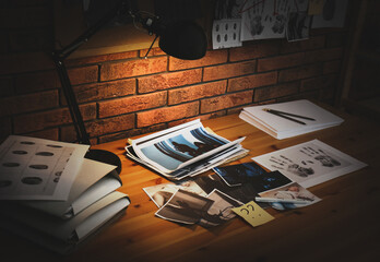 Detective workplace with documents, fingerprints and crime scene photos in office