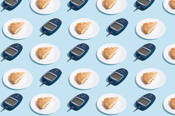 Glucose meter and plate with pie on blue background with shadow, Metabolic syndrome concept