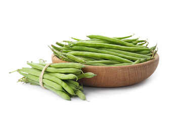 Delicious fresh green beans on white background