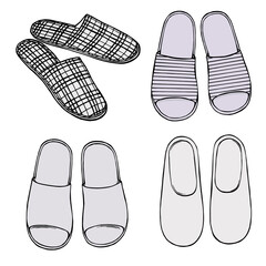 Set of home slippers. A sketch drawn by hand with pen and ink. Isolated on white background cozy warm and summer slippers. Vector graphics. Handmade work.