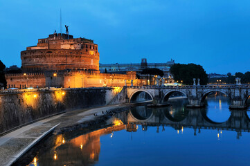 St.Angelo Bridge and  Castle Sant'Angelo by night,  Rome, Italy