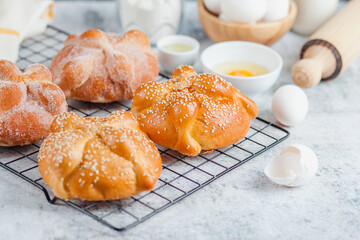 Pan de Muerto, ingredients for Mexican bread recipe traditional for day of the Dead in Mexico