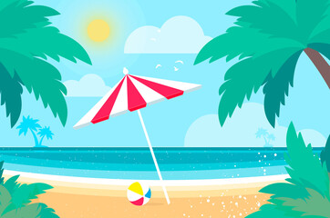 Parasols under the palm tree on Seashore. Time to travel. Tropical summer holidays. Seaside landscape. Flat.