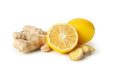 Fresh ginger and lemon isolated on white background