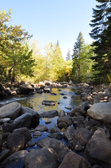 Pretty vertical scene of a flowing river with large rocks and boulders, with mountains and trees with fall colors in the background