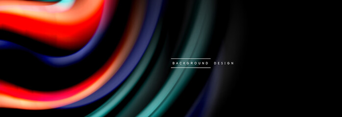 Dynamic motion abstract background. Color blurred stripes on black. Wave liquid lines poster. Vector illustration