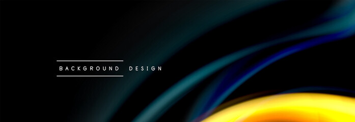 Dynamic motion abstract background. Color blurred stripes on black. Wave liquid lines poster. Vector illustration