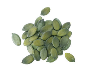 Peeled pumpkin seeds isolated on white, top view