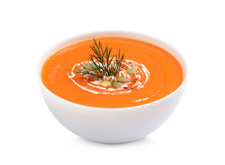 Delicious pumpkin soup in bowl isolated on white