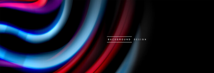 Dynamic motion abstract background. Color blurred stripes on black. Wave liquid lines poster. Vector illustration