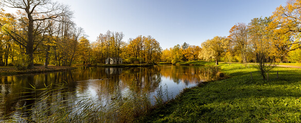 Panorama of the autumn landscape with a view of the lake and trees.