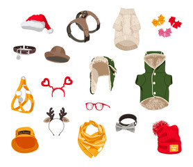 Pet animals clothes and accessories set. Dog garments collection. Warm jacket, sweater, trapper cap, hat, harness, leather collar cartoon vector illustration