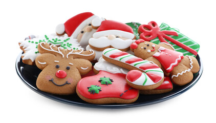 Delicious gingerbread Christmas cookies on white background