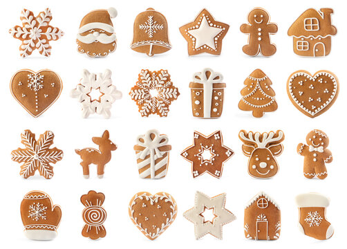 Set of different Christmas cookies on white background