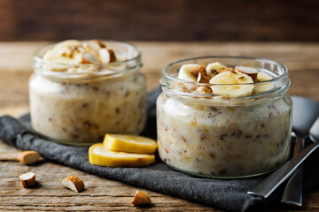 Banana flax seeds overnight oats with banana slices and almonds