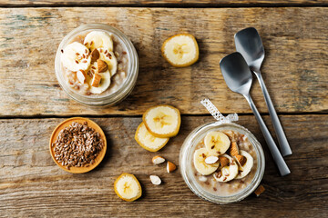 Banana flax seeds overnight oats with banana slices and almonds