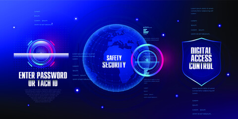 Protecting digital data, deposits, accounts around the world with digital codes and passwords. Cyber concept banner. Security shield. Login with password or touch ID. Vector