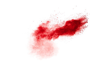Red powder explosion cloud on white background.