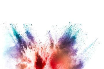 Freeze motion of colored powder explosions isolated on white background.