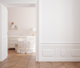 Wall mockup in cozy girls nursery, Chic style interior background, 3d render © artjafara