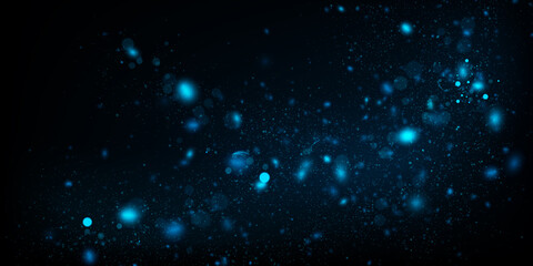 Obraz na płótnie Canvas Vector abstract background with blue particles on dark. Glowing magical lights, sparkling glittering effect.