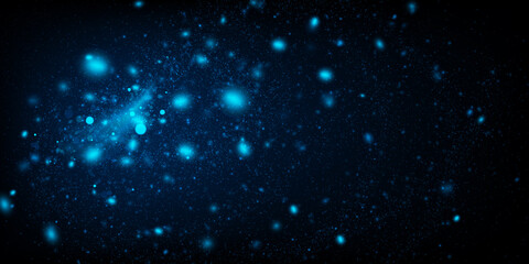 Vector abstract background with blue particles on dark. Glowing magical lights, sparkling glittering effect.