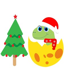 cute dinosaur and christmas tree vector illustration