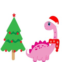 cute dinosaur and christmas tree vector illustration