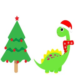 Obraz premium cute dinosaur and christmas tree vector illustration