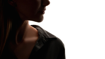 Face contouring. Lip augmentation. Beauty procedure. Nasolabial correction. Closeup profile woman silhouette isolated on white copy space background.