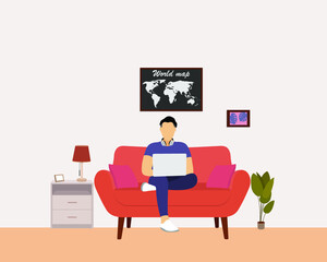 A young man is sitting with a laptop on the couch. Freelance, e-learning concept. Flat design