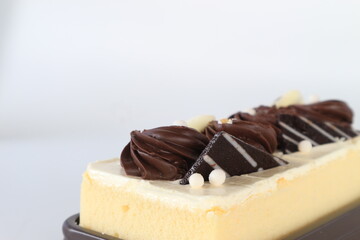 chocolate chiffon cake on white background.