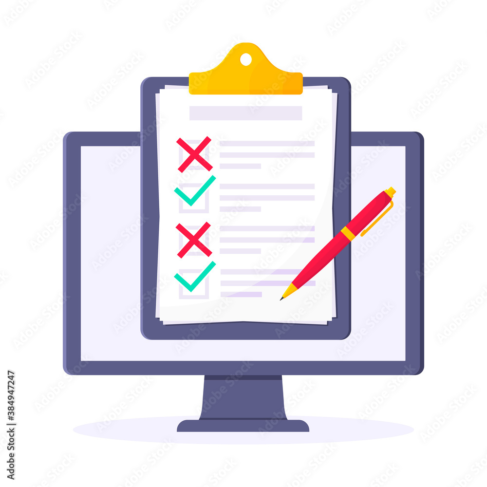Poster complete checklist with check marks tick popped above the computer monitor screen icon vector illust