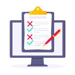 Complete checklist with check marks tick popped above the computer monitor screen icon vector illustration. Technology concept of online survey isolated on blue background.