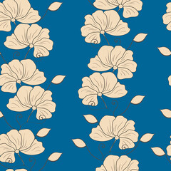 Vector seamless pattern with floral, repeating element. Pattern with a beige flower on a blue background. Use in textiles, clothing, wallpaper, design, baby backgrounds, wrapping paper.