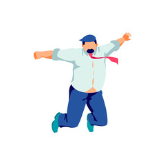 Happy plump businessman jumping in air. Positive excited male person celebrating success and victory, rejoicing freedom cartoon vector illustration isolated on white background