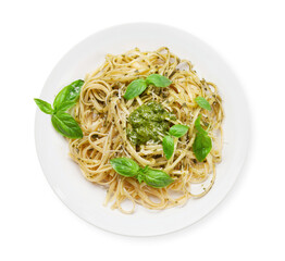 Fettuccine pasta with pesto sauce and basil